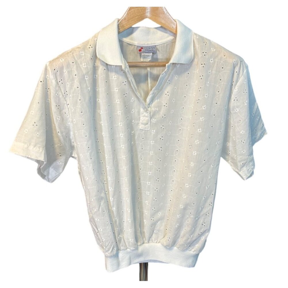 Vintage David Peet White Eyelet Short Sleeve Womens Polo Shirt Sz 14